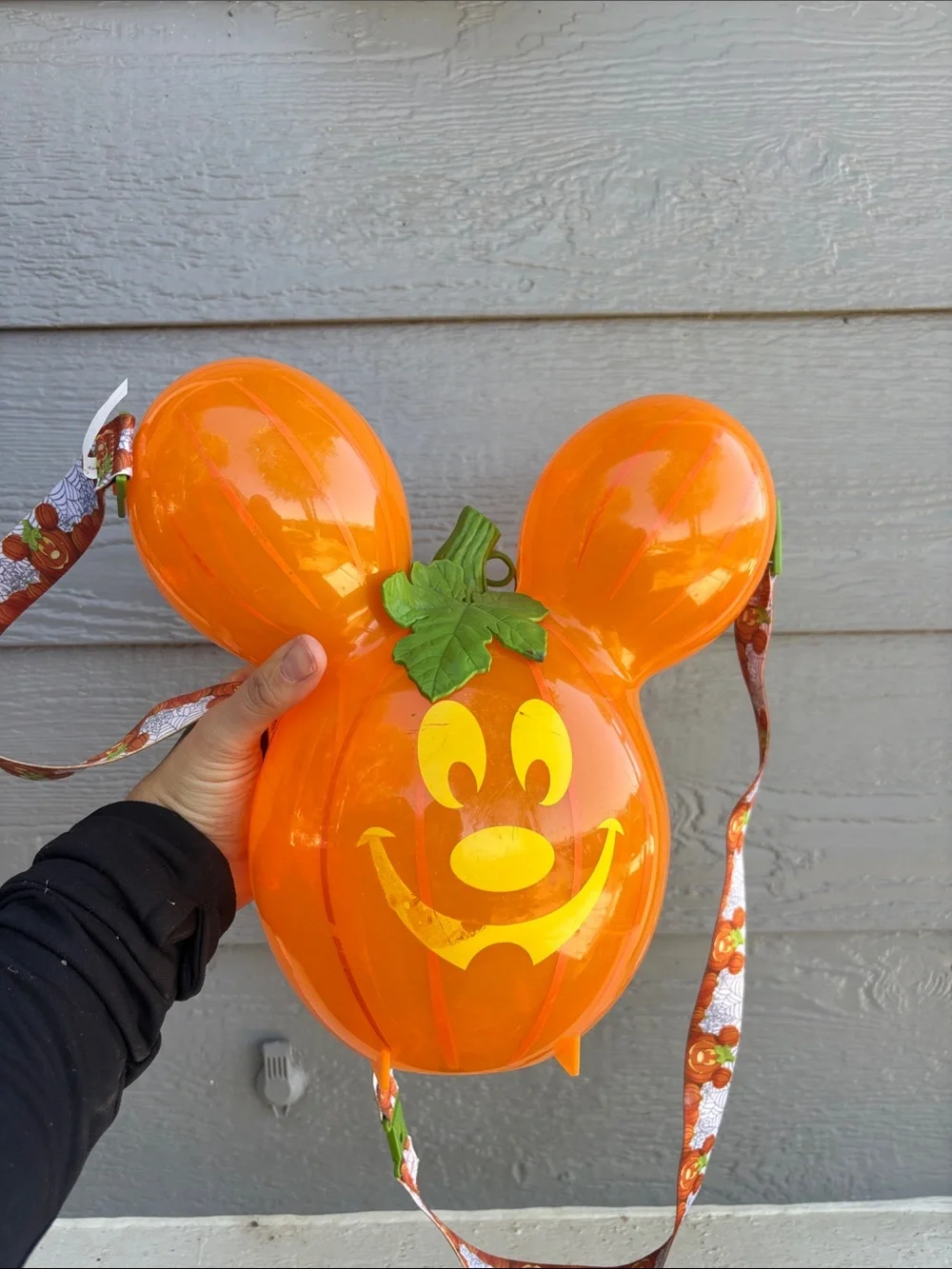 Disney Orange Pumpkin Mickey Treat Bucket with Green Leaf Accent